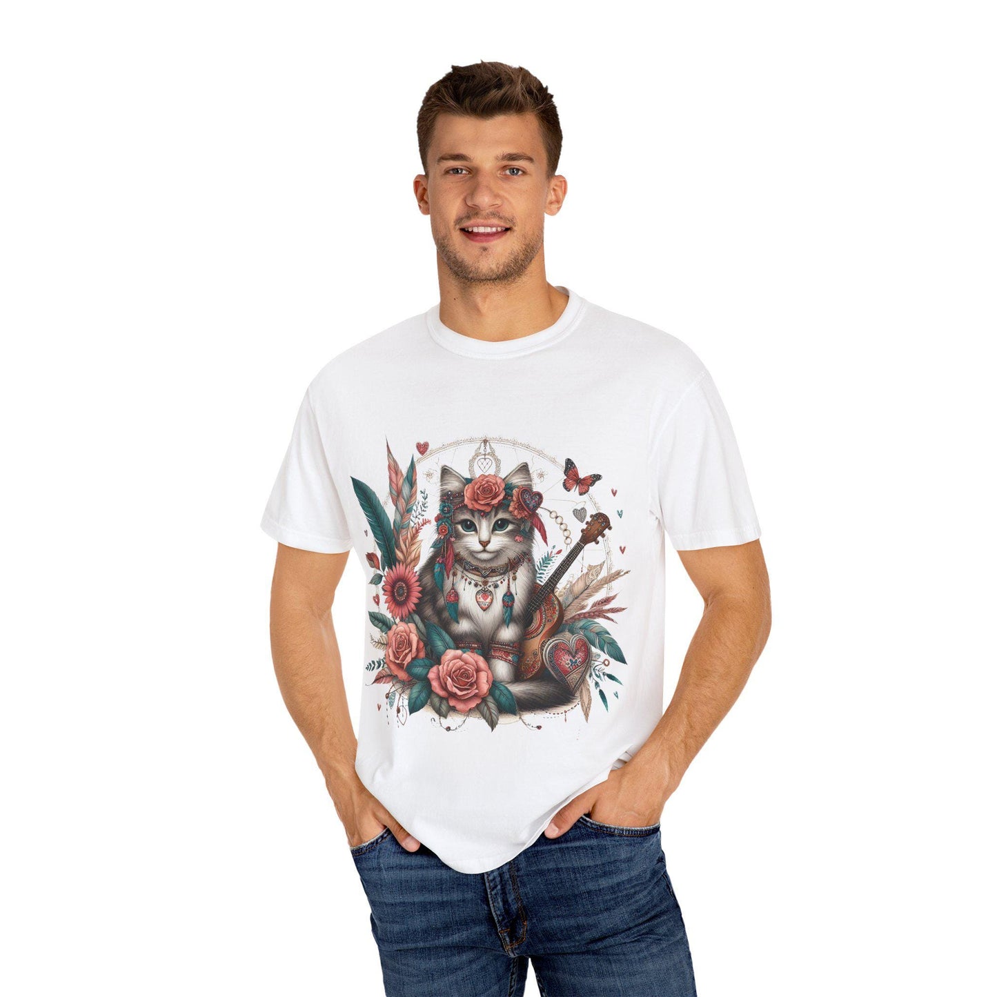 Bohemian Cat Floral T-Shirt, Cat Lover Tee, Gift for Her, Vintage Style Shirt, Nature Inspired Apparel, Cute Casual Top