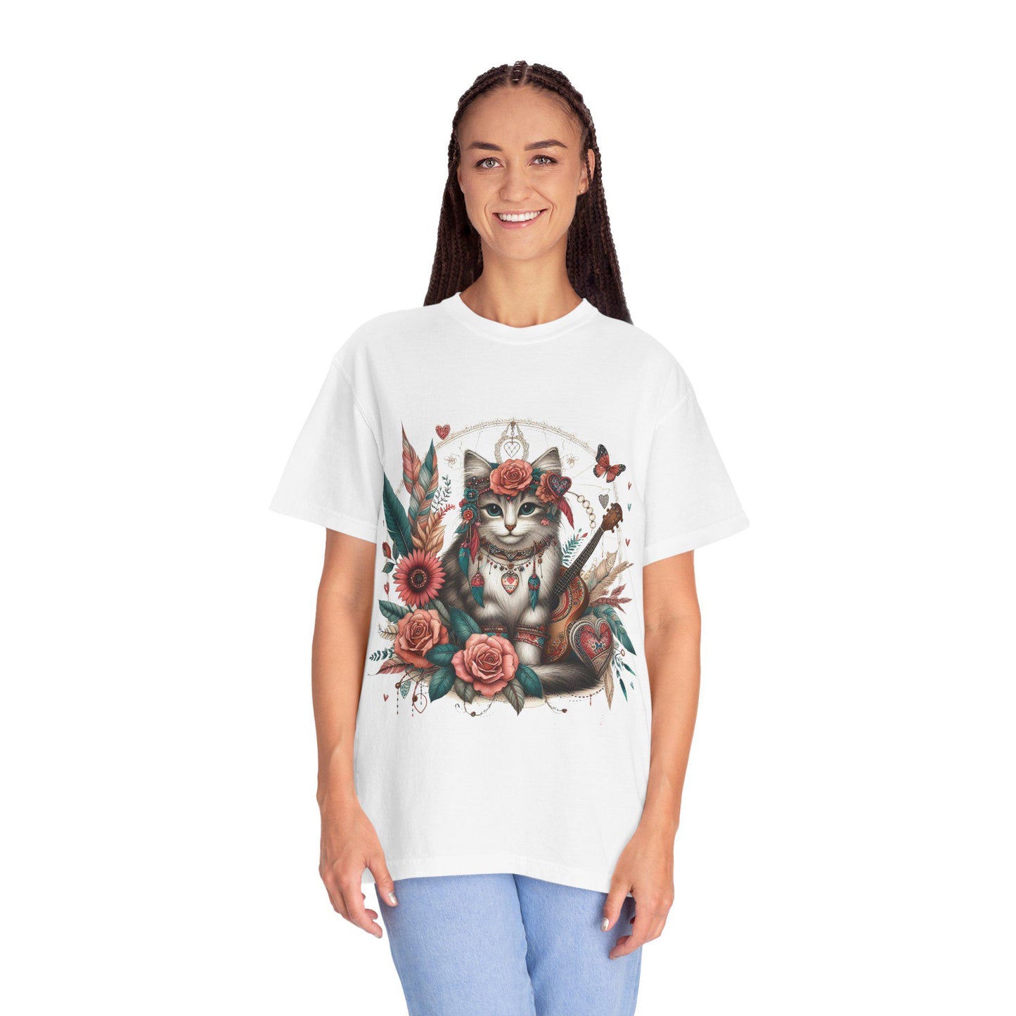 Bohemian Cat Floral T-Shirt, Cat Lover Tee, Gift for Her, Vintage Style Shirt, Nature Inspired Apparel, Cute Casual Top