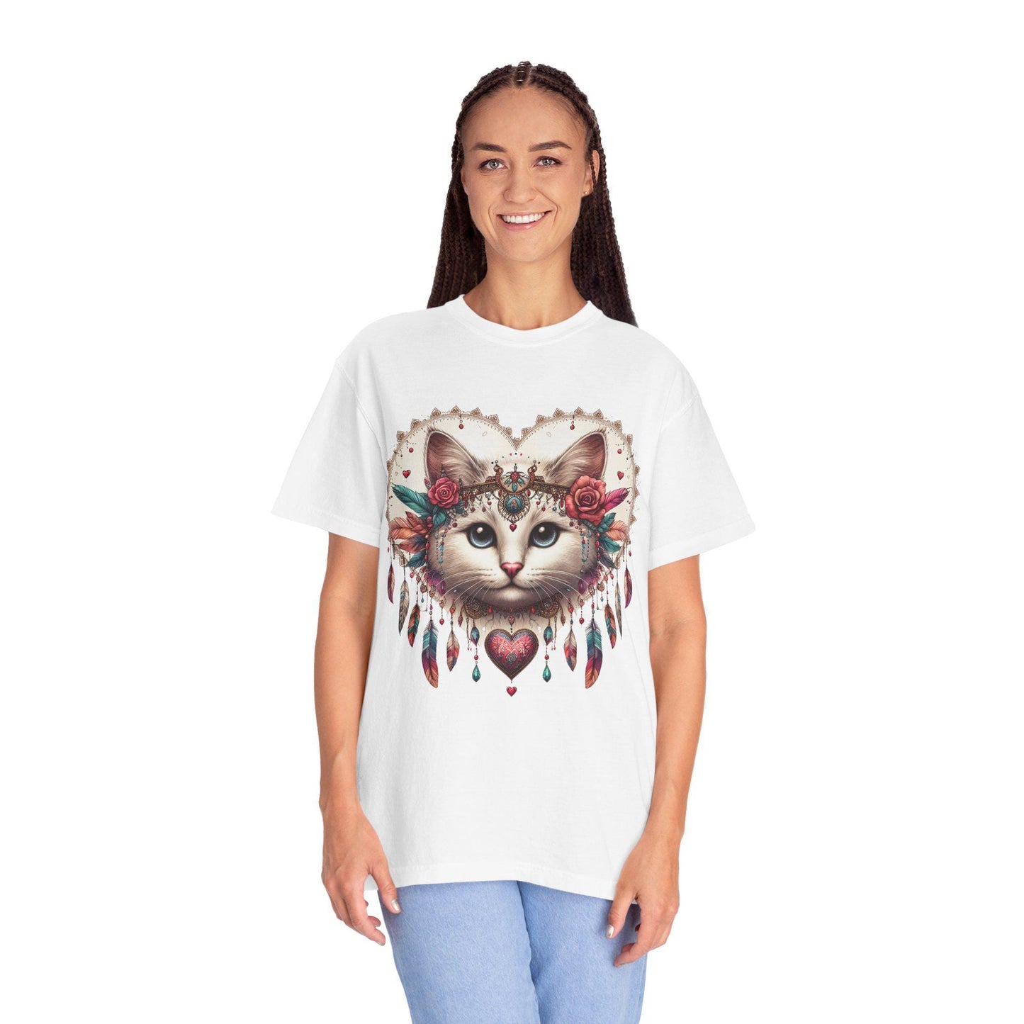 Bohemian Cat Graphic T-shirt, Cute Cat Shirt, Gift for Cat Lovers, Artistic Tee for Women, Unisex Summer Apparel