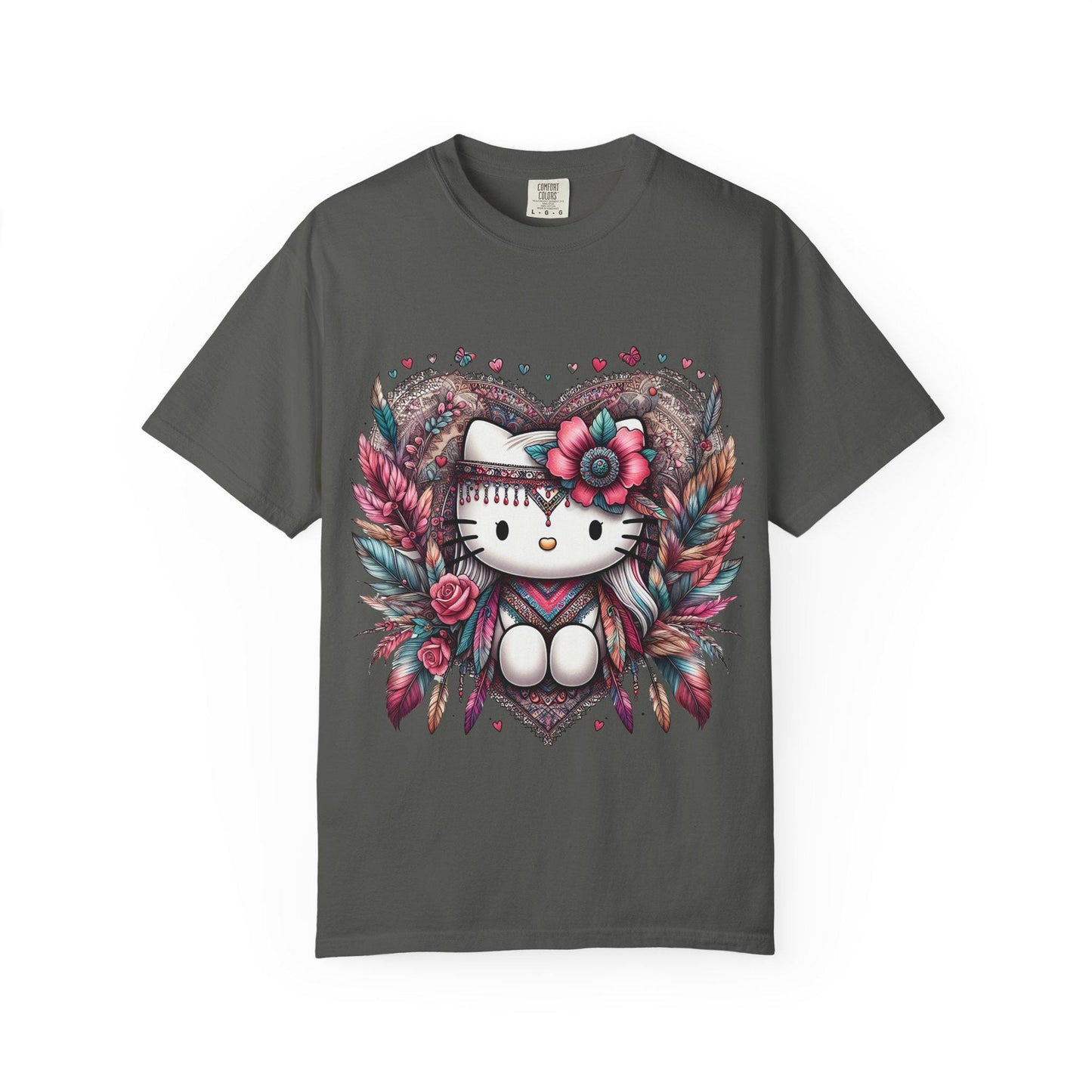 Boho Kitty Heart T-shirt, Cute Cat Tee, Festival Apparel, Gift for Her, Summer Style, Unisex Trendy Top