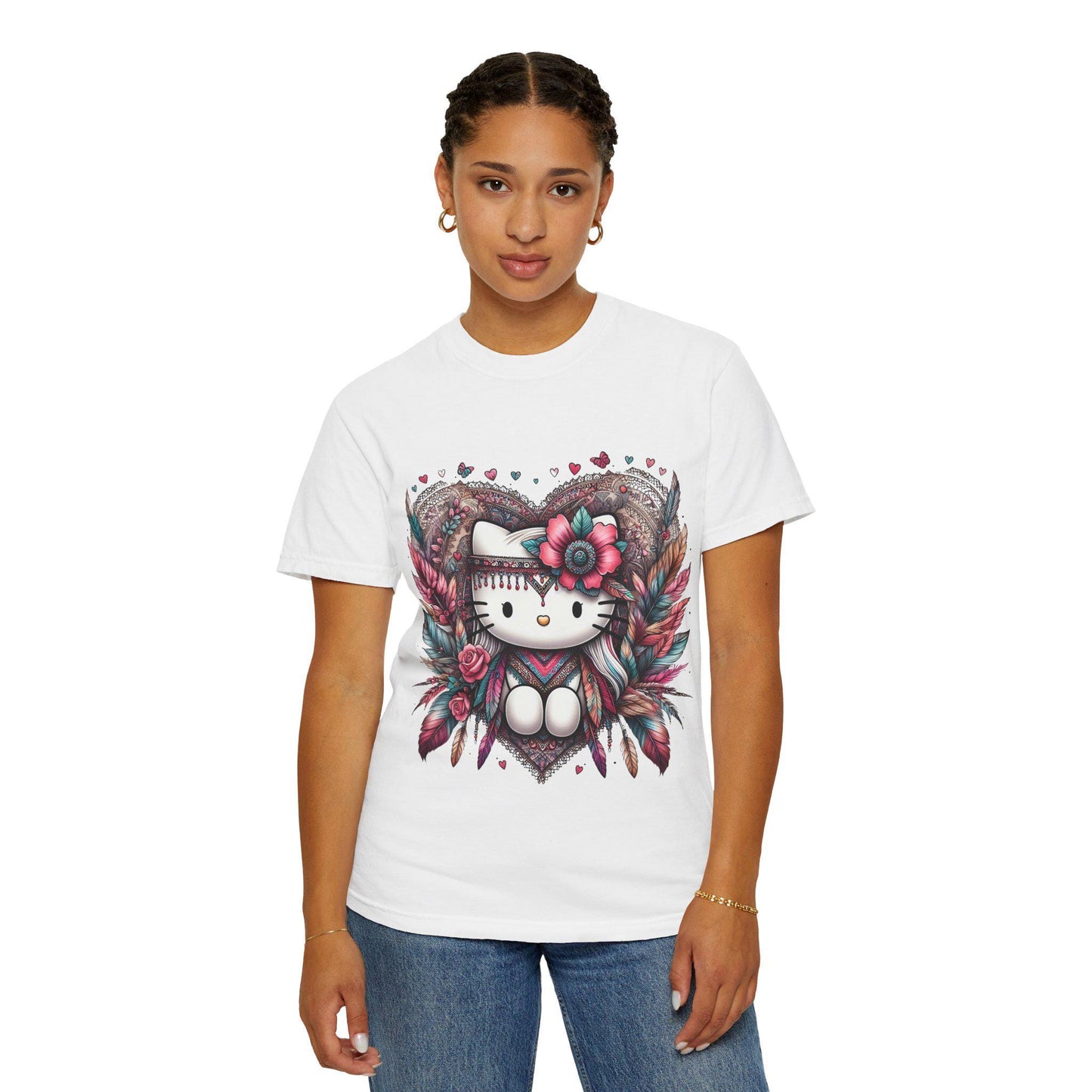Boho Kitty Heart T-shirt, Cute Cat Tee, Festival Apparel, Gift for Her, Summer Style, Unisex Trendy Top