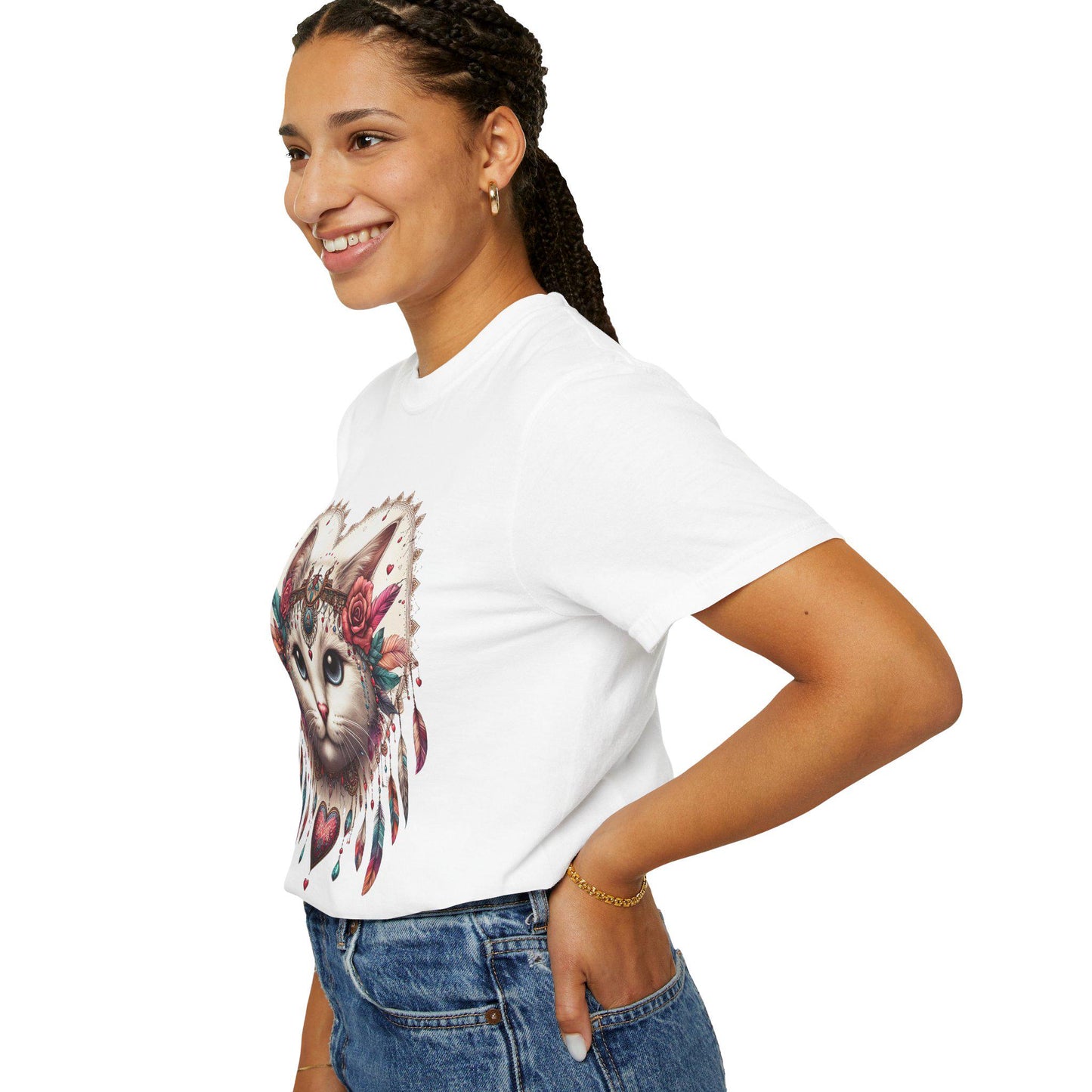 Bohemian Cat Graphic T-shirt, Cute Cat Shirt, Gift for Cat Lovers, Artistic Tee for Women, Unisex Summer Apparel