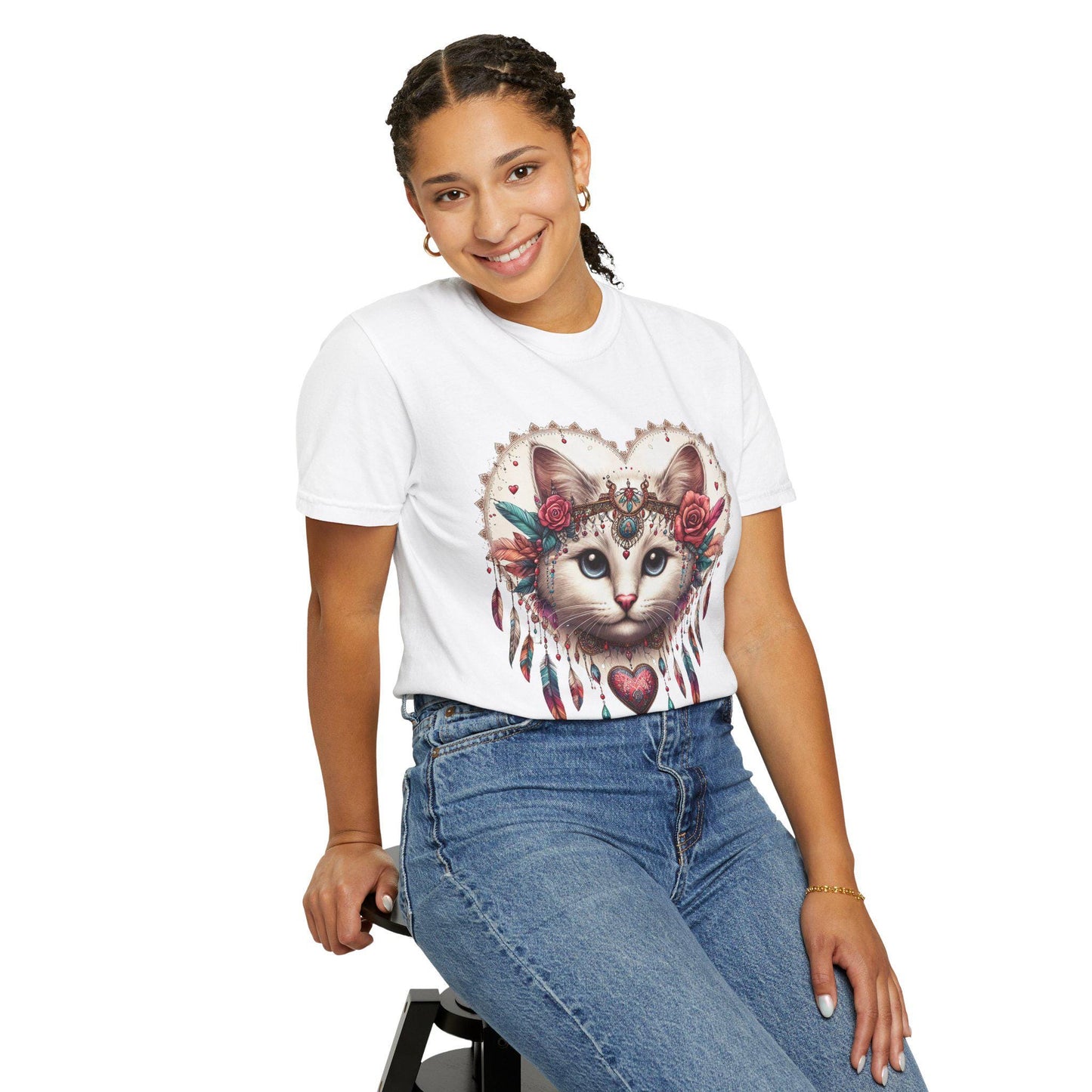 Bohemian Cat Graphic T-shirt, Cute Cat Shirt, Gift for Cat Lovers, Artistic Tee for Women, Unisex Summer Apparel