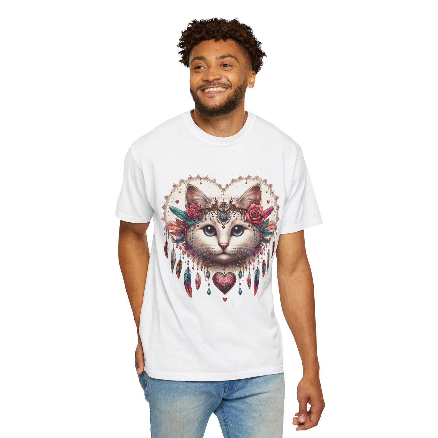 Bohemian Cat Graphic T-shirt, Cute Cat Shirt, Gift for Cat Lovers, Artistic Tee for Women, Unisex Summer Apparel