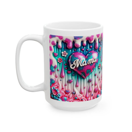 Colorful Floral Ceramic Mug, Gift for Mom, Mother's Day Mug, Heart Design Coffee Cup, Vibrant Tea Mug, Boho Style Drinkware
