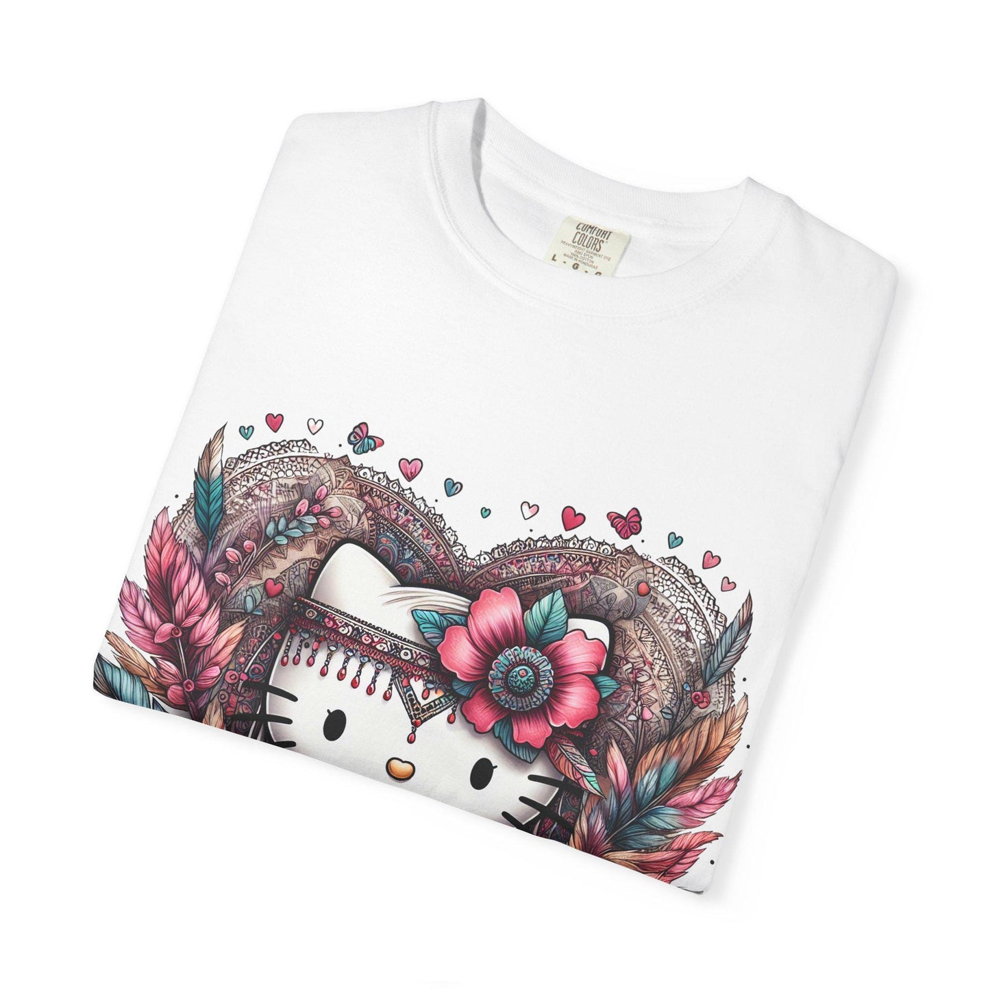 Boho Kitty Heart T-shirt, Cute Cat Tee, Festival Apparel, Gift for Her, Summer Style, Unisex Trendy Top