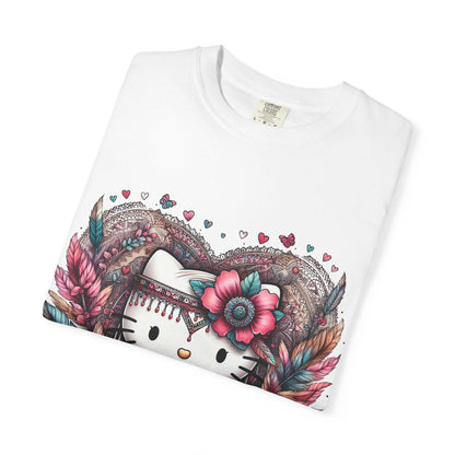 Boho Kitty Heart T-shirt, Cute Cat Tee, Festival Apparel, Gift for Her, Summer Style, Unisex Trendy Top